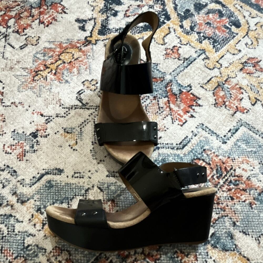 Clarks Women’s Black Leather Wedge Slingback Sandals Buckle US 9 M